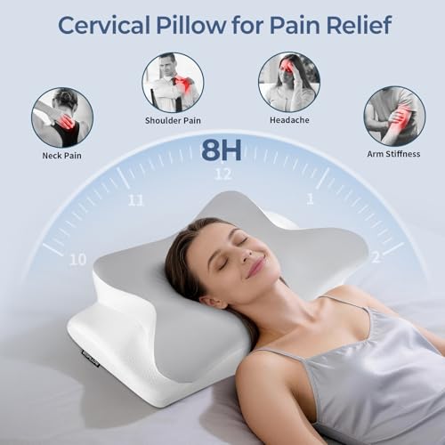 Image of Cervical Neck Pillow for Pain Relief - Ergonomic Side Sleeper Pillow for Neck Support, Cooling Memory Foam Pillows, Contour Pillow Orthopedic Bed Pillow for Back Stomach Sleepers (Dark Grey)