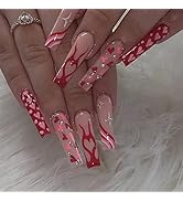 SIXDIAN Red French Press on Nails Long Coffin Fake Nails with Heart Designs, Nude Extral Long Nai...