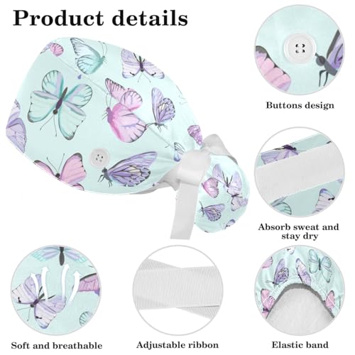 Image of Butterfly Scrub Cap Women with Ponytail & Buttons Adjustable Surgical Nurse Hat with Cotton Sweatband for Long Hair