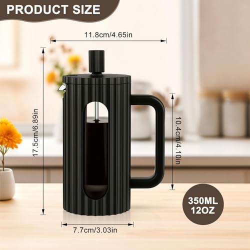 wedrink French Press Coffee Maker Cafetiere 350ml/12oz French Press Caffettiera Brewer Tea Maker with Heat Resistant Borosilicate Glass Stainless Steel Filter Black - Image 3