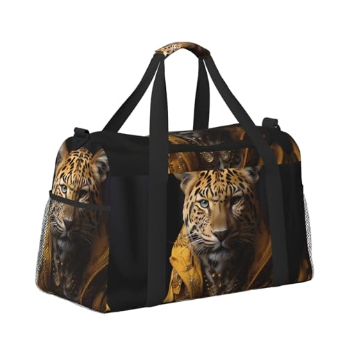 Leopard in a leather jacket Print Large Hand Travel Bag, Waterproof Tote Handbag for Women, Duffel Bag Sport Gym for Men3