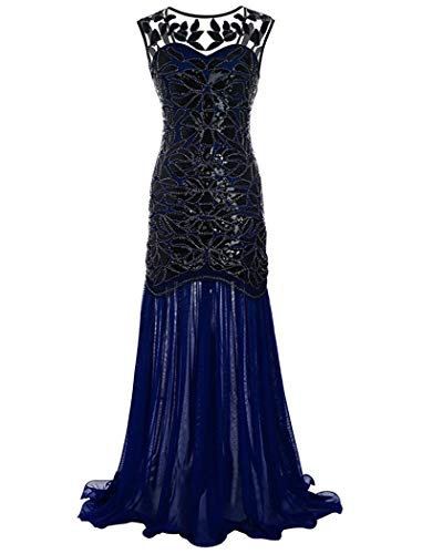 ruirui-home Robe longue vintage années 1920 à franges et paillettes - Robe sans manches avec dos en V - Pour mariage, demoiselle d'honneur, cocktail, soirée formelle, bleu marine, XL Cover