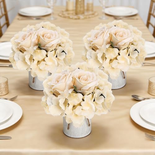 DIYDOFUN Flower Table Centerpieces - Artificial Wedding Hydrangeas Floral Arrangement with Rustic Metal Vase for Bridal Tea Party Event Decorations (Champagne, Set of 3 Floral Arrangement) by DIYDOFUN - Image 3
