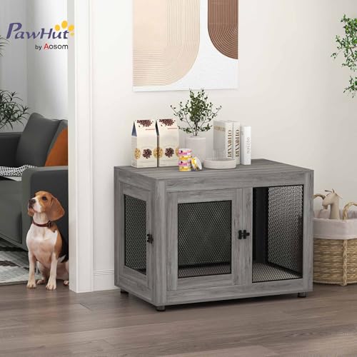 PawHut Hundekäfig Möbel mit 2 Türen waschbaren Kissen Moderne Stahl Hundebox für Zuhause Indoor Hundehütte für große Hunde bis zu 30 kg Hundehaus 94x60x71,5 cm Grau