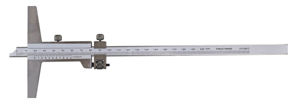 Calibre de profundidad / calibrador deslizante con ajuste fino, Nonius 1/20 o 1/50 mm (300 mm, 0,02 = 1/50 mm).