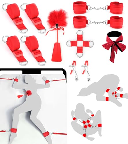 Sex Bondage Restraints BDSM Toys Set 13PCS, Bed Restraints BDSM Kit incl Sex Straps Cuffs Paddle Blindfold Nipple Clamps, Bondage Gear & Accessories Adult Couples Sex Toys for Men Women Sex Games