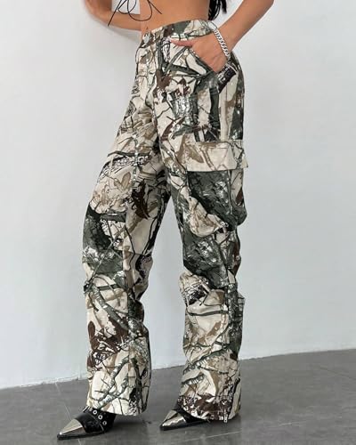 Kedera Women Camo Cargo Pants High Waist Baggy Wide Leg Camouflage Army Fatigue Joggers Trousers4