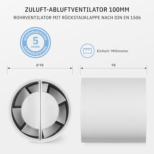 calimaero® INLINE Zuluft-Abluftventilator 100mm, Rohrventilator mit Rückstauklappe, Badlüfter, Grow Tent, Booster Lüfter, Rohreinschublüfter 130m³/h, 12Watt / 34dB / IPX2 / Kunststoff