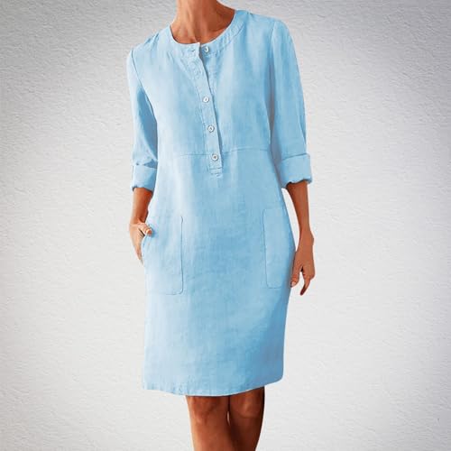 Vestido feminino de linho com gola redonda para mulheres, manga comprida, liso, outono, verão, 2024,