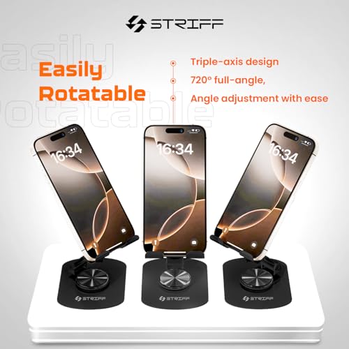 Image of STRIFF mobSpin 360 Rotating Metal Phone Stand, Foldable Mobile Holder with Adjustable Height & Angle, Stable Round Base, Thick Case Friendly, for Smartphones, Tablets, Kindles & iPads - Black