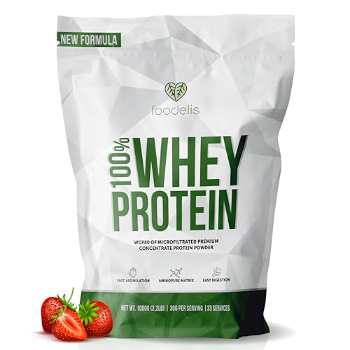 Foodelis Whey Protein 1 kg Fresa | 33 Dosis de Proteína en Polvo con Aminoácidos Esenciales | Para Masa Muscular y Recuperación Rápida | Alta Solubilidad y Fácil Digestión