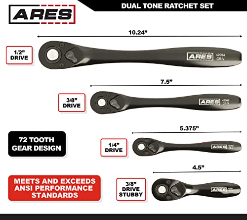 Image of ARES 42050 4-Pc 72-Tooth Ratchet Set - Black /Red, Quick Release Reversible