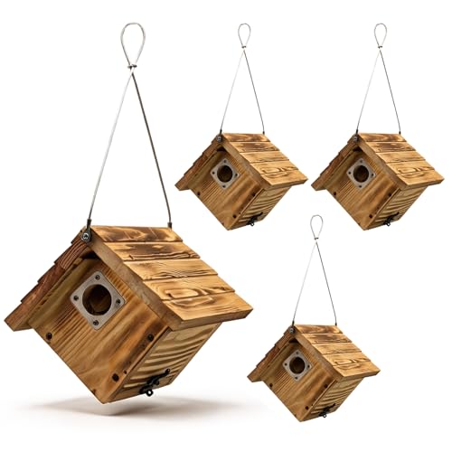 4 Pack Wren Bird Houses for Outside Birdhouses for Outdoors with Metal Predator Guard Wooden Bird House Hanging Birdhouse Wren House Birds Nesting Box for Chickadee Natural Wood