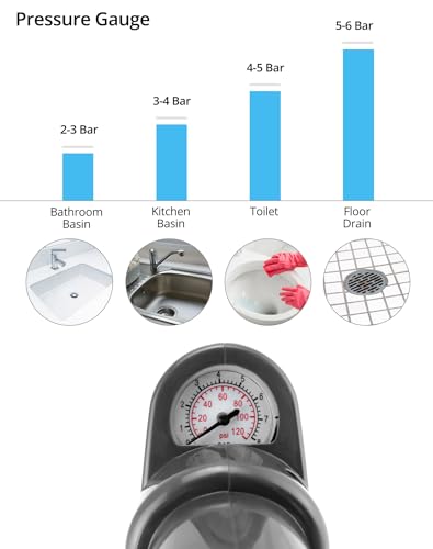 Miniatura 3 de Qwork Desatascador Tuberías De Alta Presión Con Barómetro De Presión Para Inodoro Lavabo Drenaje De Piso Tubería - Incluye 4 Cabezales Reemplazables,Negro