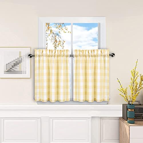 Amzdecor Farmhouse Buffalo Check Window Kitchen Tier Set, Yarn Dyed Curtains for Kitchen Small Cafe Curtains for Window Treatment Set Rod Pocket Half Window Curtain, 28" W x 36" L, Yellow/White