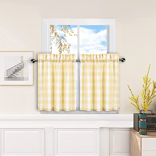 Amzdecor Farmhouse Buffalo Check Window Kitchen Tier Set, Yarn Dyed Curtains For Kitchen Small Cafe Curtains For Window Treatment Set Rod Pocket Half Window Curtain, 28" W X 36" L, Yellow/White #TOP7