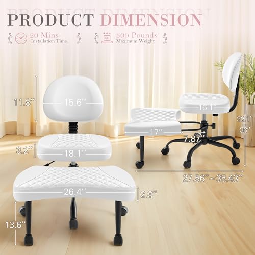 Image of Furmax Ergonomic Criss Cross Legged Office Chair with Wheels, 360Swivel Adjustable Height Kneeling Desk Chair with Footrest for ADHD, Yoga, Meditation, Home Office (Leather, White)