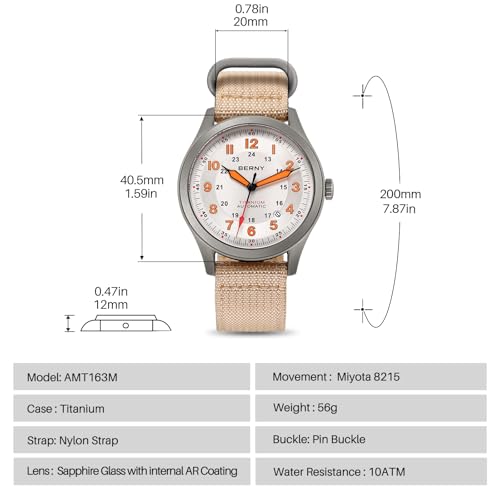 Image of BERNY Automatic Titanium Watch for Men 10ATM Waterproof Men's Field Watch Super Luminous Male Analog Mechanical Military Wrist Watch AR Sapphire Crystal Date Calendar Birthday Present