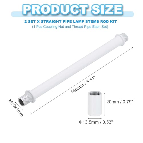 Image of PATIKIL Straight Pipe Lamp Stems Rod Kit, 2 Set M10 Carbon Steel 140mm(5.51 inch) Long Double End Thread Rod with Coupling Nuts Sleeve Connector for Table Lamps Chandeliers,White