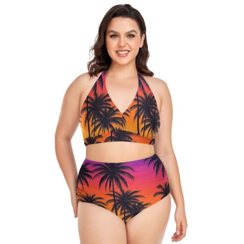 Bikini grande taille réglable et dos nu avec culotte taille haute gainante motif paradis