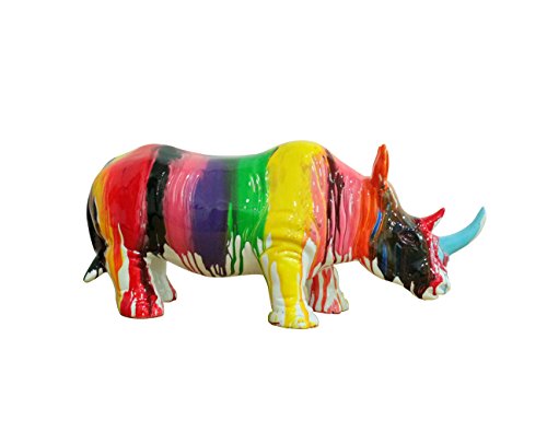 Meubletmoi Rhinocéros Statue décorative - laquée Jets de peintures Multicolores avec Corne Bleue - Objet Design Moderne