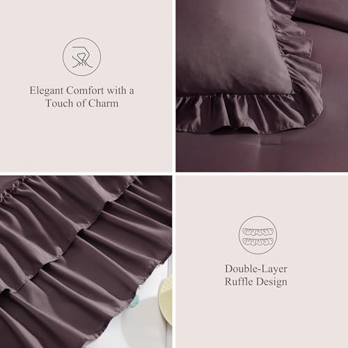 Image of California King Comforter Set Dark Purple Ruffle 7 Pieces Bed in a Bag