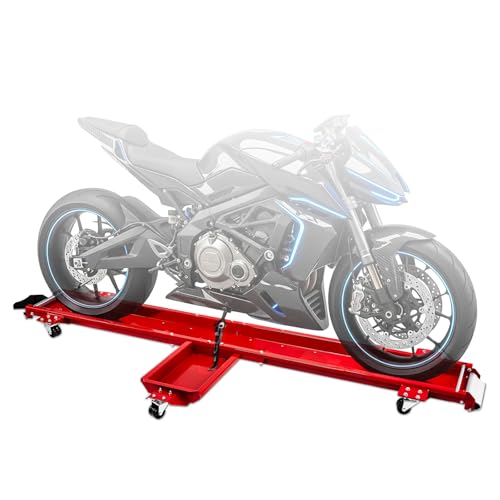 SUNROAD Motorcycle Dolly 1250 lbs Heavy Duty Bike Mover with 5 Swivel Casters & Adjustable Kickstand One-Person Motorcycle Positioning for Garage & Workshop Red