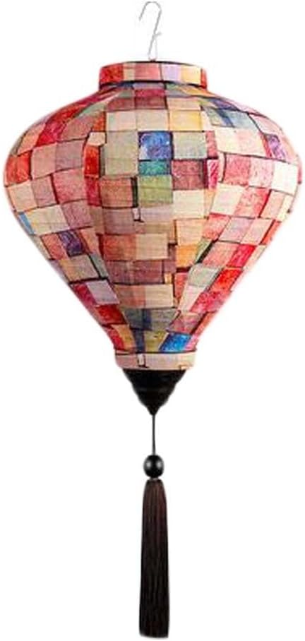 12" Color Matching Grid Chinese Cloth Lantern, Traditional Festival Hanging Lampshade, Decorative Paper Lantern with Fabric Overlay for Home Wedding Party Decoration