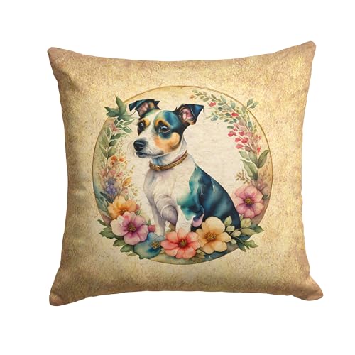 Caroline's Treasures DAC2158PW1414 Jack Russell Terrier and Flowers Fabric Decorative Pillow Machine Washable, Indoor Outdoor Decorative Pillow for Couch, Bed or Patio, 14Hx14W