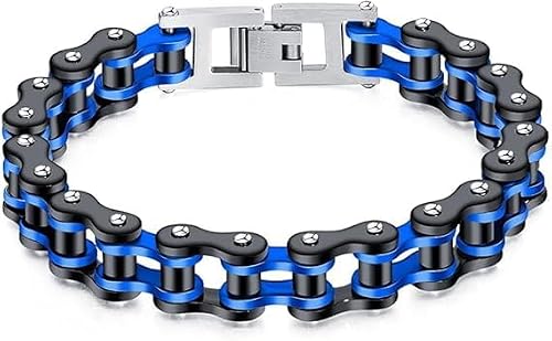 Ockyunoo Bracelet Chaine Moto, Bracelet à Maillon en Acier Inoxydable, Lien de Punk Rock, Bracelet Motard, Mountain Bike Bracelet, 22 cm (Bleu)