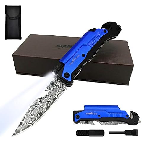 ALBATROSS 6-in-1 Modern Damascus Steel Folding Pocket Knives with LED Light,Seatbelt Cutter,Glass Breaker,Magnesium Fire Starter,Bottle Opener;Multi-Function Emergency Tool(Blue-3) Cover