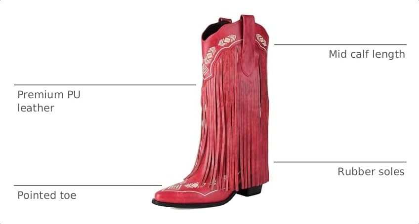 Image of Embroidered Fringe Cowboy Boots for Women, Pull On Mid Calf Chunky Block Heel Pointed Toe Western Cowgirl Boots Riding Country Boot Retro Boots