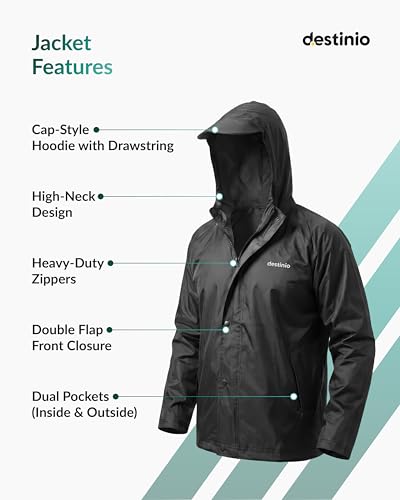 Image of Destinio Rain Coat for Men Waterproof with Hood, Thick Polyester, Leak Proof, Premium Zipper, Raincoat for Bike Riding, Double Layer Rain Suit for Riders, Rainwear Set