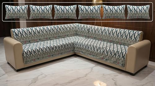 Image of Luxury Sofa Cover L Shape 6 Seater with Matching Cushion Cover 16x16 inch - Indigo Geometric Paisley 3+3 Seater (6 Seater) Quilted Sofa Cover Set Pack of 11, Washable, Indigo Ivory