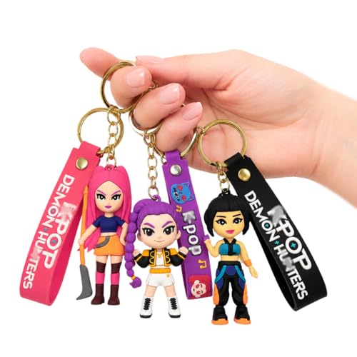 Image of Wanna Party Set of 3 Kpop Demon Hunters Hunterix Cartoon Keychains for Girls, Cute Backpack Key Chain Accessories Wristlet chain Return Gift Items for Girls