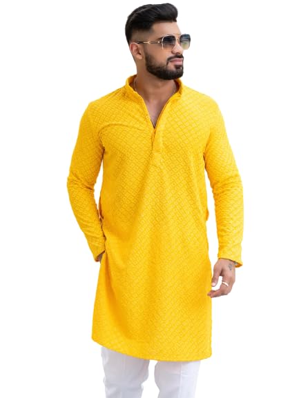 Image of Men's Floral Embroidered Cotton Rich Traditional and Lakhnavi Ethnic Wear Straight Partywear Kurta Set Pack Of 01.