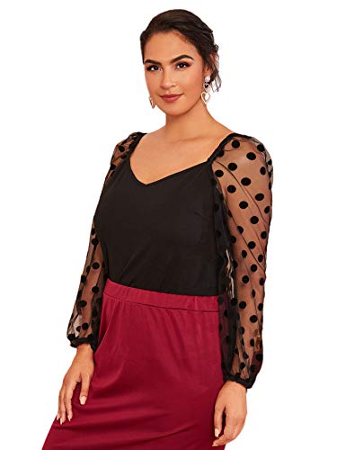 Romwe Women's Plus Size Sheer Mesh Short/Long Sleeve Solid Elegant Blouse Tops Black-5 3XL