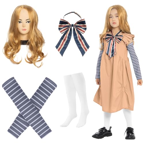 EchoElce 4 Pcs Halloween Horror Movie Costume Accessories for Girls Bow Tie White Tight Socks Striped Arm Sleeves Wig for Halloween Cosplay Party