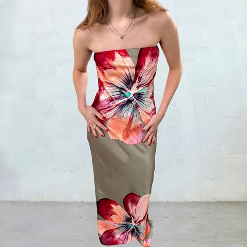 Image of Women Y2k Strapless Maxi Dress Summer Backless Floral Long Tube Dress Off Shoulder Cocktail Party Dress