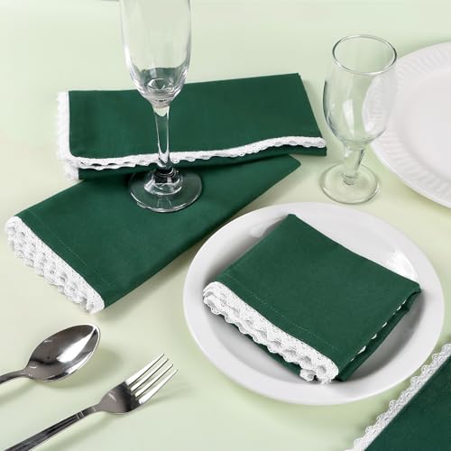 Image of FINGERCRAFT Lace Trim Cloth Napkins Set of 6, 20x20 Inch 100% Cotton Dinner Napkins, Reusable Washable Table Napkins for Wedding, Farmhouse Dining, Parties & Home Decor (Eden Green)