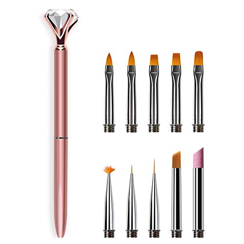 Aryclic Nail Brush Set Intsun - 10Pcs Nails Art Brush Tips Replacement With 1Pcs Nail Pen Pole, Nail Polish Brushes Kit for Acrylic Application Powder UV Gel 3D DIY Painting Drawing Gradient Carving