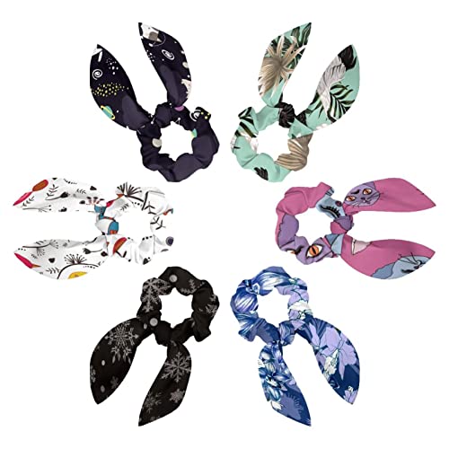 6PCS Hair Scarf Scruncheis for Women Girls, Ribbon Bow Elastic Hair Ties Bands Satin Hair Ribbon Scrunchy Ponytail Holder Accessories,Crans and Parrot in Lotus Orchid Palm Leaves