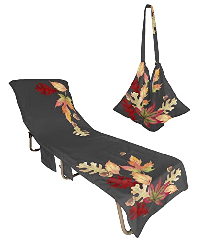 Maple Leaves Beach Chair Towel Covers for Chaise Lounge with Side Pocket, Soft Plush Pool Towels Cover for Patio Sunbathing Outdoor 29''x85'' Watercolor Fall Plant Leaf Thanksgiving