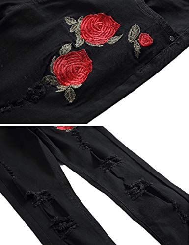 Nutriangee Men's Floral Jeans, Ripped Skinny Distressed Destroyed Slim Fit Stretch Rose Embroidered Pants Black 32 #TOP2