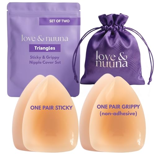 love & nuuna Triangle Adhesive & Non-Adhesive Nipple Covers Two Pairs - Sticky & Grippy Nipple Cakes - Reusable & Waterproof Pasties (Honey Small (Fits A - D+))