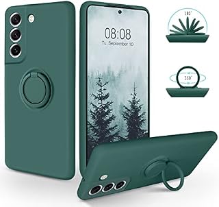 SouliGo Samsung S21 FE Case Galaxy S21 FE Case Soft Silicone Rubber Gel 360° Ring Holder Kickstand for Magnetic Car Mount Shockproof Phone Cover - Midnight Green