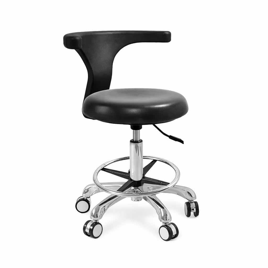 Sparedent Dental Stool with Armrest and Metal Base Black Height Adjustable Chair with Foot Ring and Casters
