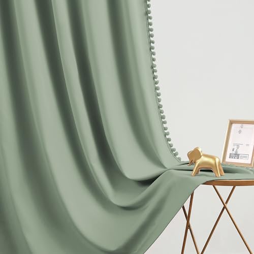 Image of Light Green Pom Poms Blackout-Curtains 95 inch Bedroom Window Curtains for Living Room Triple Weave Half Blackout Window Curtains for Hotel Guest Room Drapes 52 inchw x2 Panels Rod Pocket Sage