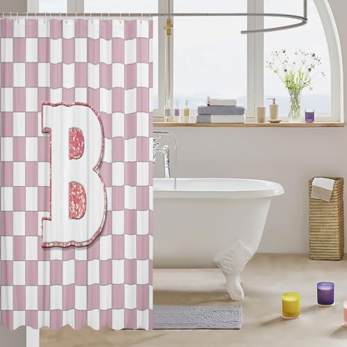 Image of Erosebridal Pink Initial B Shower Curtain 72 inch Wx84 L Kawaii Plaid Checkered Bathroom Curtain Cute Personalized Monogram Bathroom Accessories for Kids Girls,Fashion Grids Gingham Shower Decor