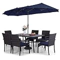 Patio Outdoor Table and Chairs Set with Umbrella Navy, Patio Dining Sets for 6, 7 Pieces Patio Table Set Clearance for Backyard Deck Porch Outside, Metal Table with Hole & Cushioned Rattan Chairs